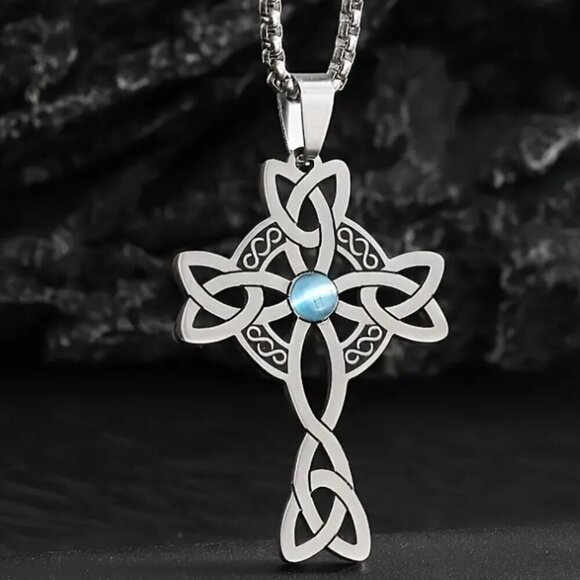 Stainless Steel Celtic Knot Cross Pendant Necklace Synthetic Blue Zirconia NWT - Picture 2 of 3